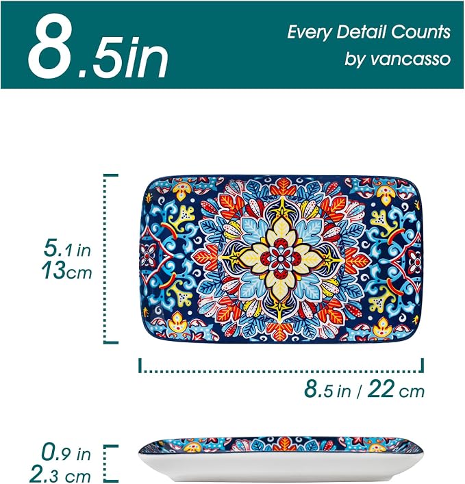 vancasso Simi 6-Piece Rectangular Ceramic Plates Set, 8.5" x 5.1" Small Dessert & Sushi Plates, Bohemian Appetizer Serving Plates, Microwave & Oven Safe Porcelain Plates