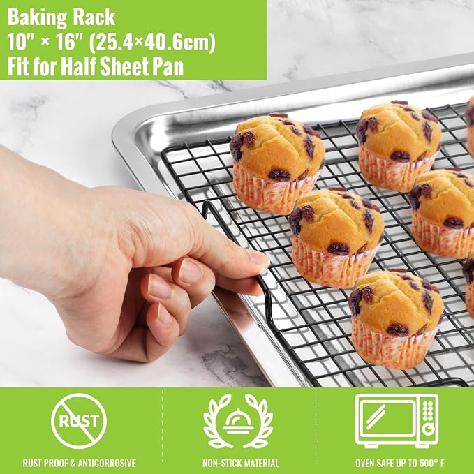 HULISEN Cooling Rack 2-Pack, 16 x 10 Inch Nonstick Baking Rack with Handles | Fits Half Sheet Pan, Oven Safe 500°F, Easy Lift Design for Cookies, Cakes & Baked, Cookie Cooling, Baking, Cooking, Grilling