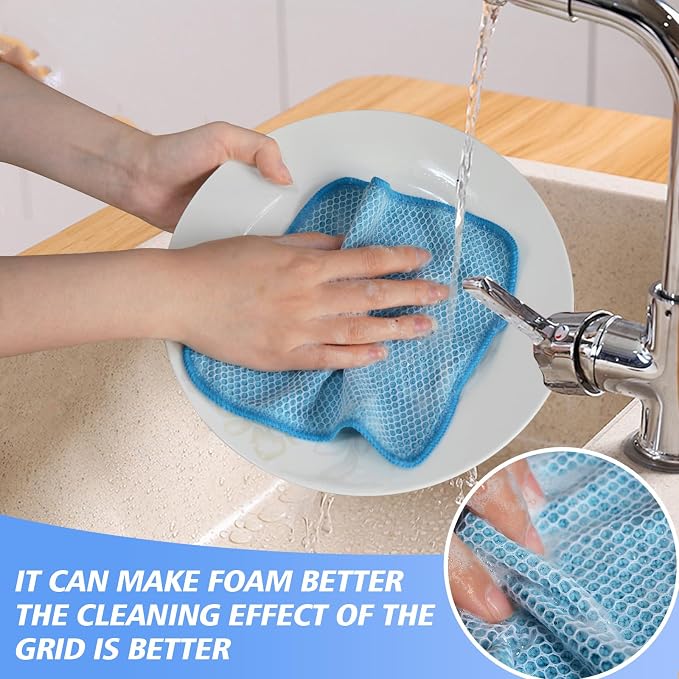 Dish Cloths for Washing Dishes with Scrub Side, Microfiber Dish Rags | Dual-sided microfiber dish cloths with scrubber for stuck-on food, quick dry kitchen washcloths 9 Pack, 7" x 7 Inch Blue