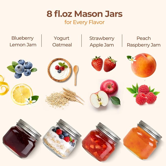 ComSaf 8 oz Square Mason Jars, 6 Pack Small Regular Mouth Jars with Lids | BPA-Free Materials, Half-Pint Portions, Small Jam, Jelly, Honey Sample, Spice Rack, DIY Candles, For Big Canning Project
