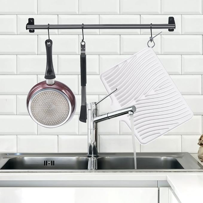 TIKNIK Silicone Dish Drying Mat for Kitchen Counter, White-2pcs, 16" x 12" | Heat Resistant & Non-Slip Dish Drain Pad with Built-In Drain, Dishwasher Safe, Quick-Dry, Hangable & Roll-Up for Storage