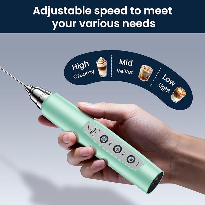 Milk Frother Wand Rechargeable Handheld Electric Whisk 3 Speed Adjustable | Coffee Frother Wand with 3 Stainless Whisks Electric Foam Maker Drink Mixer Blender for Latte Cappuccino Matcha Egg