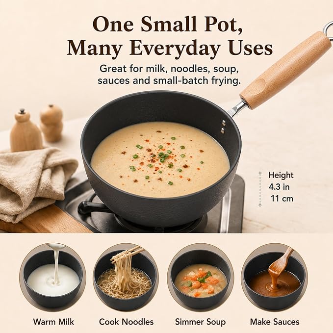 WANGYUANJI 1.6 Qt Small Iron Saucepan with Lid, 7.1-Inch Ramen Cooking Pot | Uncoated hammered iron body with removable wooden handle; ideal for ramen, milk, sauces and single-serve meals on induction.