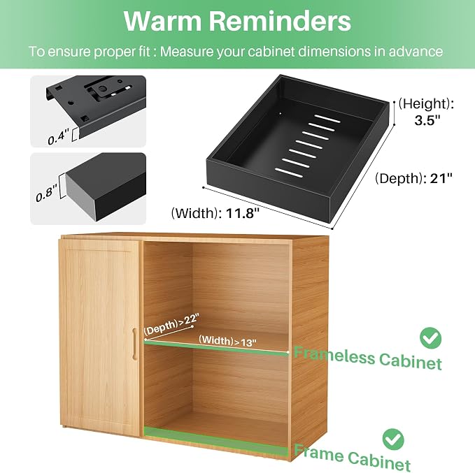 Pull out Cabinet Organizer, 21"Deep, 11.8"Wide Full-Extension Heavy Duty Slide out Drawers with Nano Adhesive, Roll Out Shelves Sliding Cabinet for Kitchen, Bathroom, Pantry,Under Sink Storage(Black)