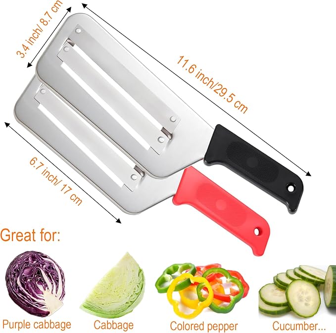 2 Pack Stainless Steel Cabbage Shredder for Coleslaw Professional Cabbage Chopper Slicer Knife with Dual Blades, Sauerkraut Cutter, Vegetable Grater for Kitchen Prep Cabbages Slicer - Black/Red