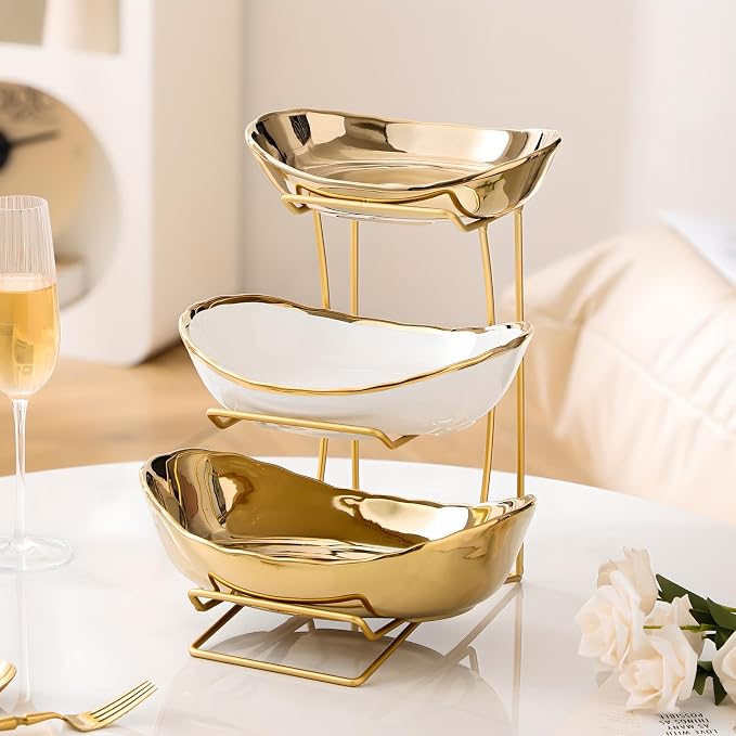 Gold Silver Fruit Bowl with Metal Stand, 3 Tier Ceramic White Fruit Bowl Fruit Rack for Kitchen Counter, Tiered Fruit Basket for Snacks Bread Candy Storage (Gold (Smooth Surface))