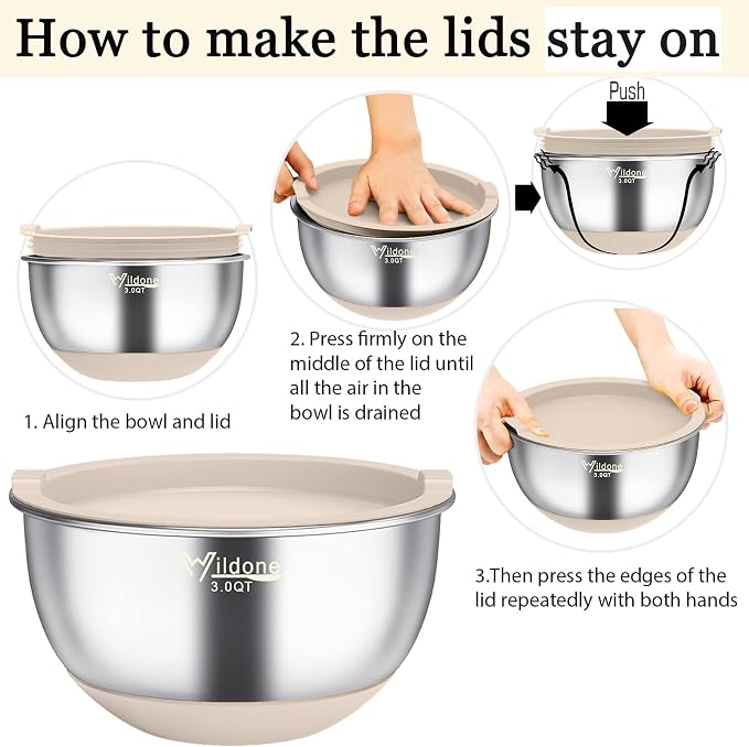 Wildone Mixing Bowls with Airtight Lids, Stainless Steel Mixing Bowls Set | Metal Bowls with 3 Grater Attachments & Non-Slip Bottoms, Size 5, 4, 3, 2,1.5, 0.63QT, Includes Utensil Set for Prep, Khaki