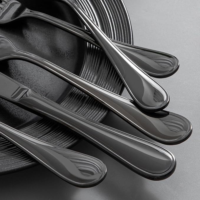 18/10 Stainless Steel Silverware Set for 8, 40 Piece Black Flatware Set | KINGSTONE Teardrop Heavy Cutlery Set, Mirror Polished Knives Fork Spoons Utensils, Dishwasher Safe for Home Kitchen Wedding