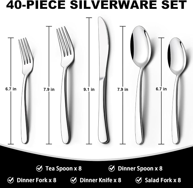 40-Piece Silverware Set with Organizer, EWFEN Heavy Duty Stainless Steel Flatware Set for 8, Food-Grade Tableware Cutlery Set, Utensil Sets for Home Restaurant, Mirror Finish, Dishwasher Safe