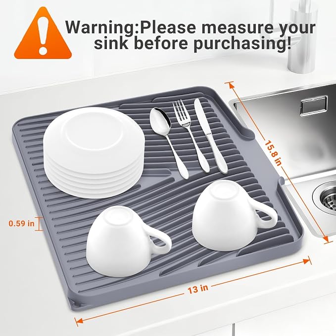 Silicone Dish Drying Mat | 15.8"x13" Dish Drainer Mat, Heat-Resistant Kitchen Counter Mat & Over-Sink Drying Tray, Can Be Hung, Grey-2pcs