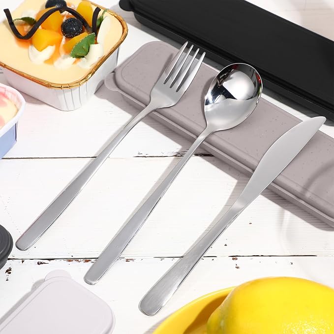 4 Pack Travel Silverware Set with Case for Lunch,Black | Reusable Utensils with Case, Portable Flatware, Camping Cutlery, Fork Spoon Knife, for Work School, Dishwasher Safe