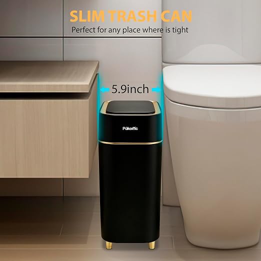 Pukomc Motion Sensor Wastebasket,2.3 Gallon Bathroom Trash can with lid | Touchless Smart Plastic Slim Wastebasket,Quiet Close Waste Bin for Bathroom,Office,RV,Bedroom,Living Room