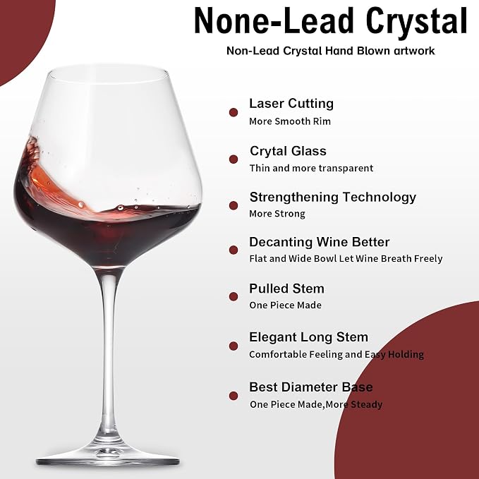 coccot Red Wine Glasses Set of 4, Hand Blown Italian Style Crystal Burgundy Wine Glasses, Lead-Free Premium Clear Glass [23 oz/650ml，4 Pack ]