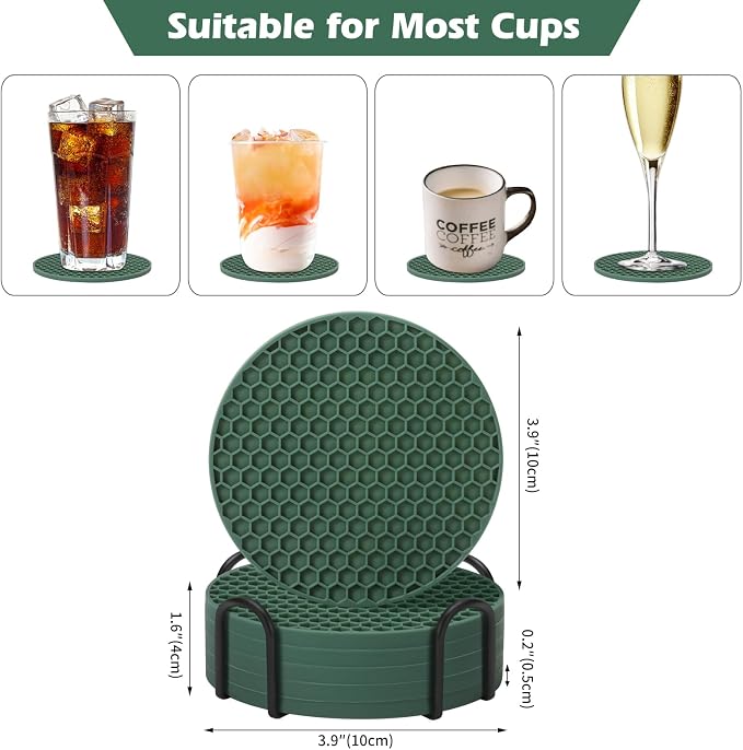 TWTLi Silicone Coasters Set of 6 with Holder — Non-Slip Drink Coasters for Coffee Table, Home Bar & Kitchen, Protects Wood & Marble Surfaces from Water Rings, Dishwasher Safe (Green)