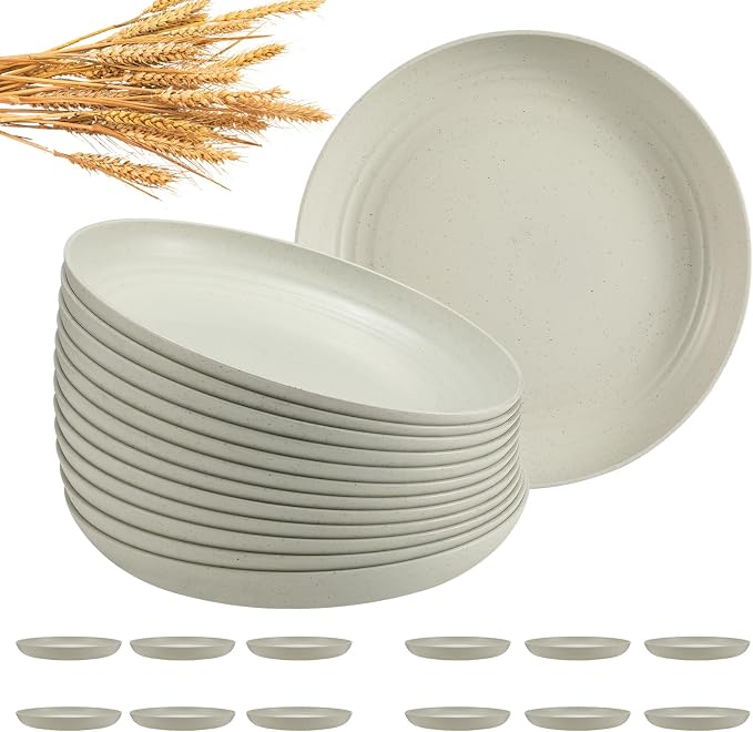 HEYCOME 12 Pcs Unbreakable Deep Dinner Plates Set, 10 inch Reusable Plastic Wheat Straw Plates, Microwave and Dishwasher Safe Plate for Kitchen, Lightweight Plate for Dessert, BPA Free, Beige