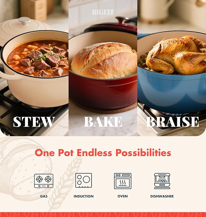 5QT Dutch Oven for Sourdough Bread Baking, Red Cast Iron Bread Pan with Lid | Advanced Multi-Functional Dutch Oven With Banneton Bread Proofing Basket & Baking Supplies, Cast Iron Bread Pan With Lid
