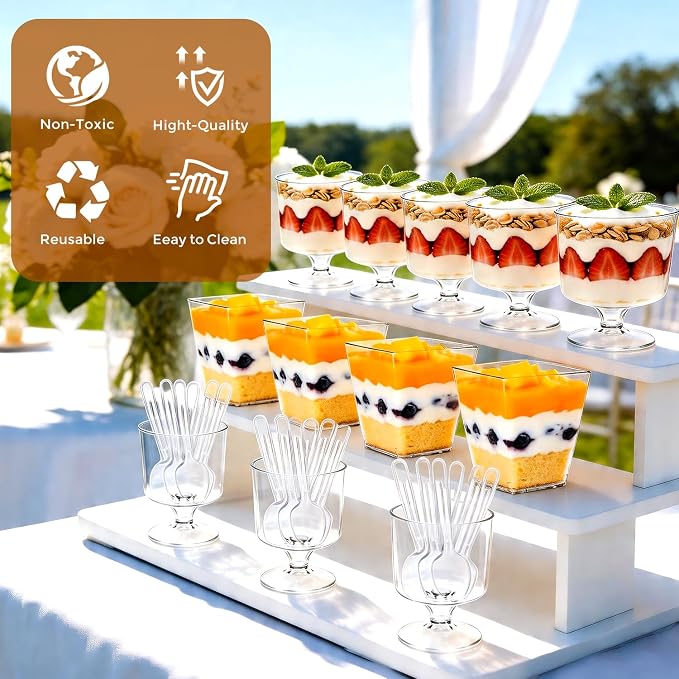 Ginkgo 100 Pack (200 Pieces) 5 oz Plastic Dessert Cups with Spoons | Dual-Shape Disposable Clear Square & Stemmed Cups, Mini Parfait Cups for Appetizer, Pudding, Yogurt, Fruit & Jello Shots