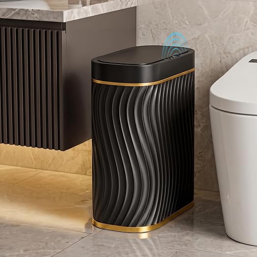 2.6 Gallon Automatic Bathroom Trash Can with Touchless Lid, Black Gold | Motion Sensor Trash Can with Slim Waterproof Body; Small Plastic Garbage Can, hands-free lid for Bedroom, office, and kitchen
