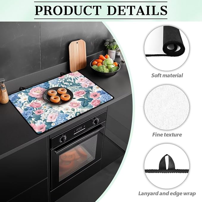 Hummingbird Pink Blue Flower Print Electric Stove Top Cover 29.18 x 20.96 inch Coffee Machine Mat Thick Induction Butterfly Dragonfly Print Glass Cooktop Protector with Lanyards Range Covers