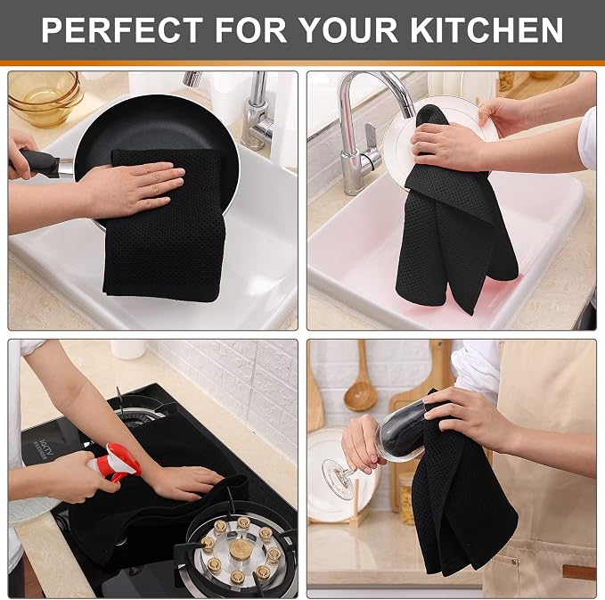 Kitinjoy 100% Cotton Waffle 4-Pack Kitchen Towels, 13" x 28", Black | Super Soft, Ultra-Absorbent, Fast Drying, lightweight, Quick Drying Kitchen Hand Towels