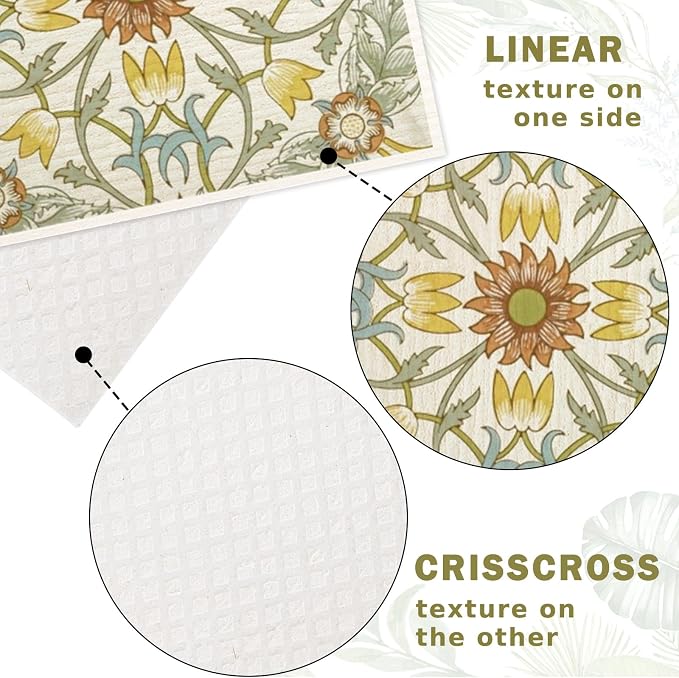 8 Packs Foliage Swedish Dishcloths, Blue Green Floral, 7 x 8 Inch | Vintage Flower, Kitchen Dish Towel, Cotton, Reusable, Washable, for Home Party Cleaning Housewarming