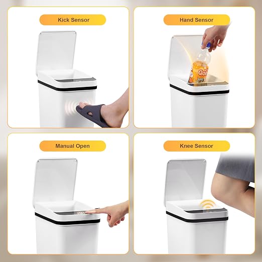 4 Gallon Bathroom Smart Touchless Trash Can for Kitchen Automatic Motion Sensor Rubbish Can with Lid Waterproof Narrow Small Garbage Bin for Kitchen, Toilet, Bedroom, RV(White,Battery)