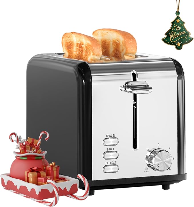 HealSmart 2-Slice Stainless Steel Toaster, 6 Browning Setting and 3 Function Toaster, Extra Wide Slot & Removable Crumb Tray, for Bread & Waffle, Black