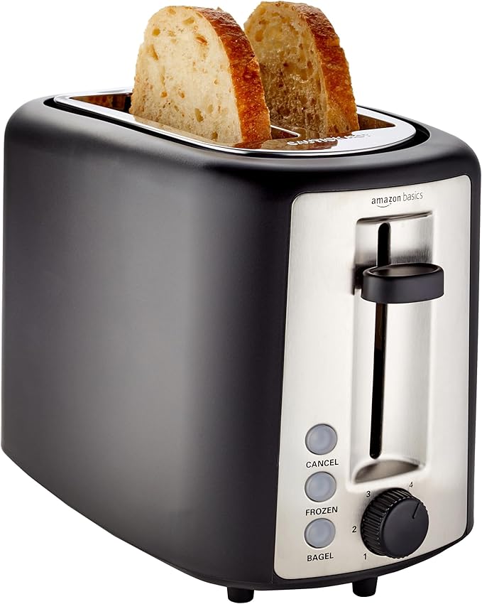 Amazon Basics 2 Slice Toaster, Extra Wide Slots for Bagels, 6 Browning Settings, Removable Crumb Tray, Defrost/Cancel/Bagel Buttons, Cord Wrap, 900W, Black & Silver