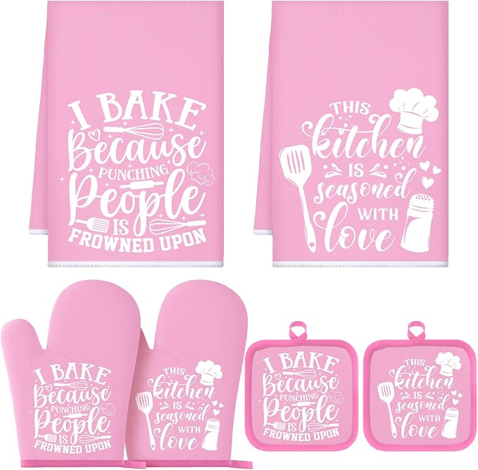 Sratte 6 Pcs Kitchen Decor Accessories Set, Kitchen, Light Pink | Farmhouse Kitchen Towels Pot Holders Oven Mitts Set 2 Dish Towels 2 Potholders 2 Cooking Mittens for Baking Cooking Supply