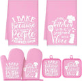 Sratte 6 Pcs Kitchen Decor Accessories Set, Kitchen, Light Pink | Farmhouse Kitchen Towels Pot Holders Oven Mitts Set 2 Dish Towels 2 Potholders 2 Cooking Mittens for Baking Cooking Supply