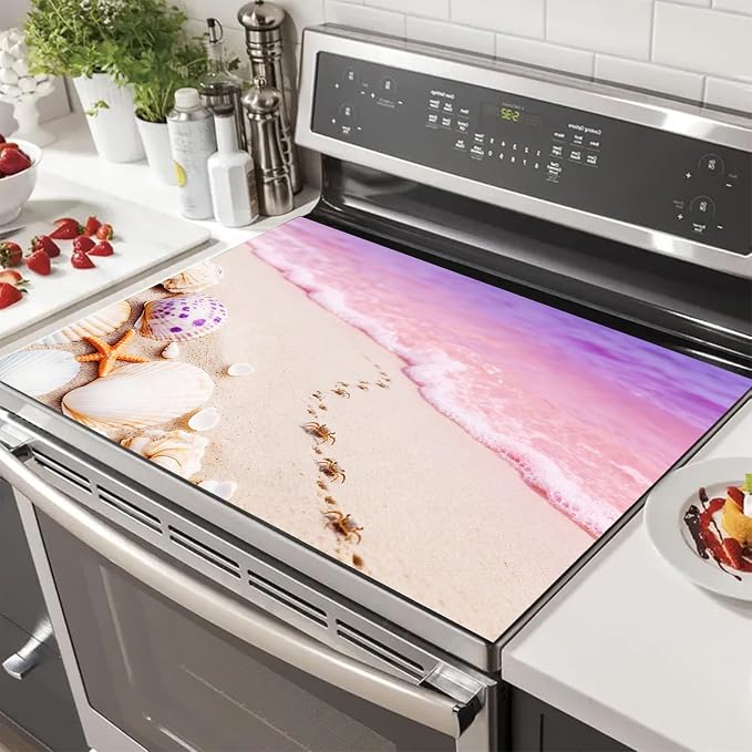 HOMETITUTE Summer Stove Top Covers for Electric Stove 28x20 Inches Pink Beach Coastal Ar Heat Resistant Glass Cooktop Protector Pad Decorative Stovetop Cover for Kitchen Coffee Bar Decor