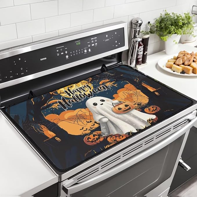 Happy Halloween Stove Top Dust Cover, Anti Scalding Flat Range Stove Top Protector, Elastic Dish Drying Mats for Kitchen, Induction Cooktop Cover with Two Hook 30 x 21 Inch
