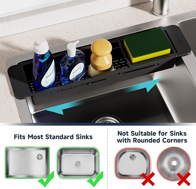 NiHome Extendable Kitchen Sink Caddy, Small Brush Sponge Storage Holder | Expandable Kitchen In Sink Organizer for Brush & Sponge with Drainage, Adjustable Length, Non-Slip Pads, Durable ABS (Black)