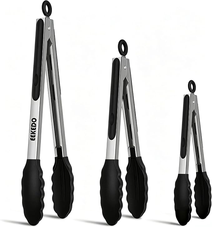 Kitchen Tongs, Stainless Steel Cooking Tongs with Silicone Tips, 600ºF High Heat-Resistant Non Scratch Locking Tongs for Cooking BBQ Grilling Air Fryer Pans, Set of 3 (7" 9" and 12") Black
