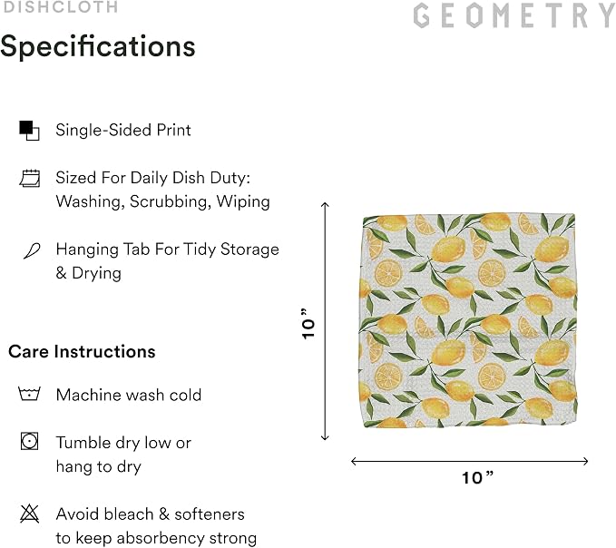 GEOMETRY Kitchen Dish Cloths - Spring & Summer Collection - Premium Dishcloths with Geoweave - Absorbent & Fast Drying Kitchen Towels - Lemon Delight, 10" x 10" - 3-Pieces