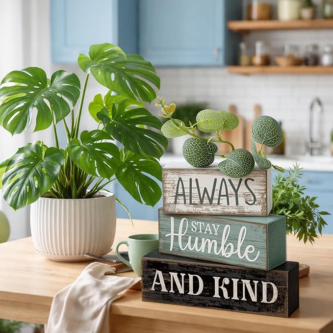 Lineshading 4 Pcs Inspirational Farmhouse Table Decor Wooden Shelves Signs | Always Stay Humble and Kind Quote, Rustic Wooden Blocks, Eucalyptus Accent, Tiered Tray Tabletop Home Decor Gift