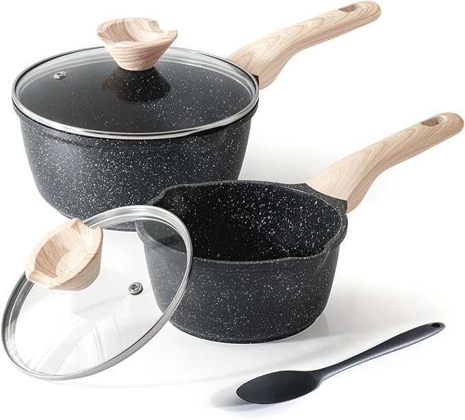 Kordisen Sauce Pan Set with Lid, 1.5Qt & 2.5 Qt Nonstick Cooking Pots with Pour Spout, Easy to Clean, Small Kitchen Induction Saucepan with Granite Coating, PFOA/PFOS Free (Black)