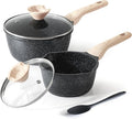 Kordisen Sauce Pan Set with Lid, 1.5Qt & 2.5 Qt Nonstick Cooking Pots with Pour Spout, Easy to Clean, Small Kitchen Induction Saucepan with Granite Coating, PFOA/PFOS Free (Black)