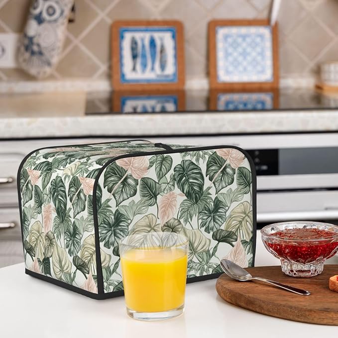4 Slice Toaster Cover Tropical Leaf Pattern Dust Proof Washable Kitchen Appliance Cover with Pocket, Oxford Fabric Countertop Toaster Protector for Standard Toasters Small Appliances