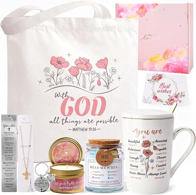 Christian Gifts For Women, 9Pcs Inspirational Religious Birthday Gift Set | Unique Catholic Gift Bible Faith Based Accessories, Ceramic Coffee Cup, Tote Bag, Bible Verse Jar, Can Candle, Baptism Gifts