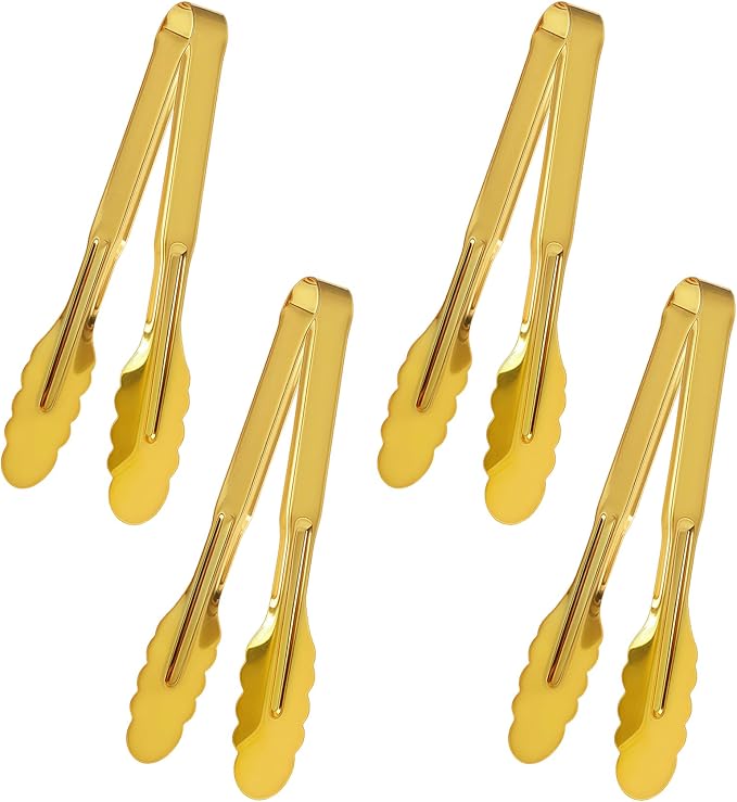 4 Pack Stainless Steel Serving Tongs, 9 Inch Gold Salad Tongs Serving Utensils Buffet Tongs Gold Plated Heavy Duty Reusable Metal Kitchen Clips for Salad, Snack, Barbecue, Catering, Wedding, Party