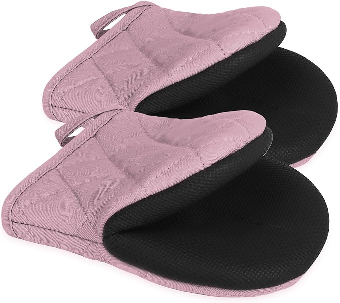 Goldmeet Mini Oven Mitts 2-Pack, 7"x5.5", 500°F Silicone Grip, Light Pink | Non-Slip, Heat Resistant, Machine Washable, Hanging Loop, Fits Small Hands, for Baking Grilling BBQ Cooking