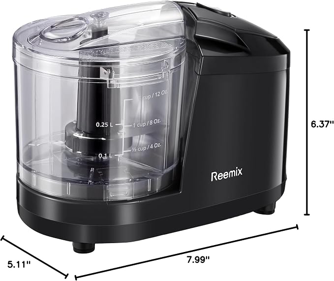 Reemix 1.5-Cup Electric Food Chopper, 100W Mini Food Processor Meat Grinder | One-Touch, Mix, Chop, Mince and Blend Vegetables, Fruits, Nuts, Meats, Stainless Steel Blade (Black)