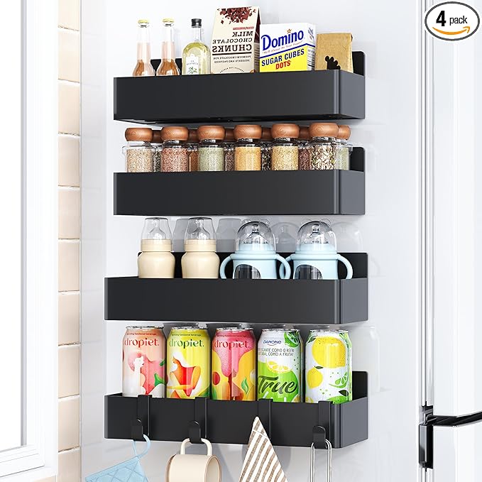 Mystozer Magnetic Spice Rack for Refrigerator, Kitchen Organizer and Storage Shelf, Black (4 Pack)…