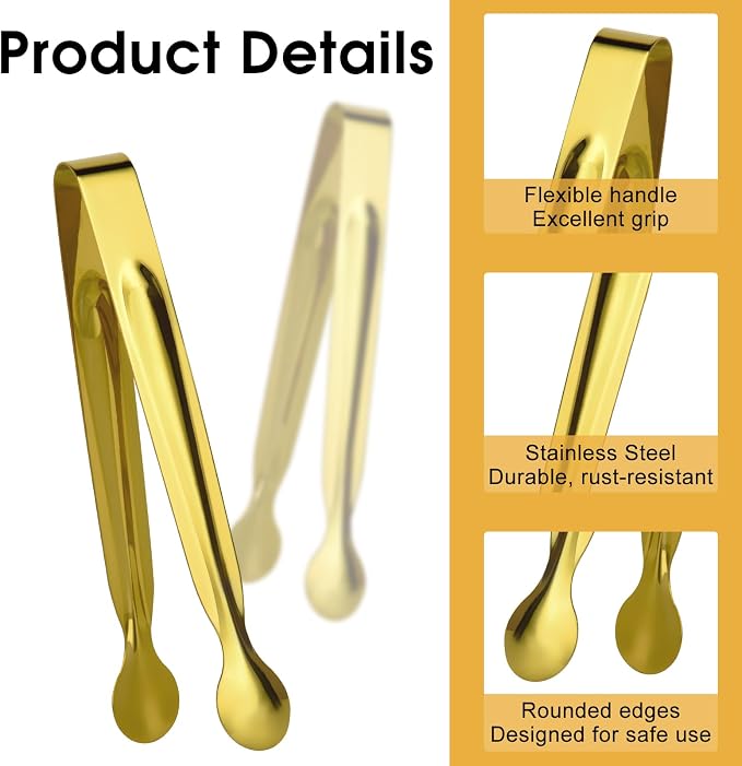 Mini Serving Tongs Set, 12 Gold Stainless Steel Tongs, 6.3 in for Sugar Cubes, Ice, Candy, Charcuterie, Coffee Bar