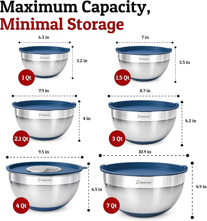 Priority Chef 6pc Stainless Steel Mixing Bowls with Lids Set, 7 Qt, Blue | Non-Slip Nesting Bowls, 3 Graters and Interior Measurement Marks; For Meal Prep, Baking and Airtight Fridge Storage