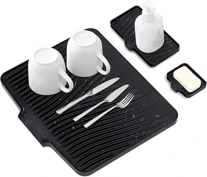 Silicone Dish Drying Mat for Kitchen counter | 15.8"x13" Dish Drainer Mat, Heat-Resistant Kitchen Counter Mat & Over-Sink Drying Tray, Can Be Hung, Black-1Set