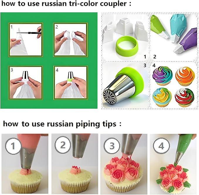 Russian Piping Tips Set, 193 Pcs Baking Supplies | 28 Numbered Russian Tips, 48 Numbered Icing Tips, 1 Ball Tip, 2 Leaf Tips, 100 Pastry Bags & More for Cake Cupcake Decorating