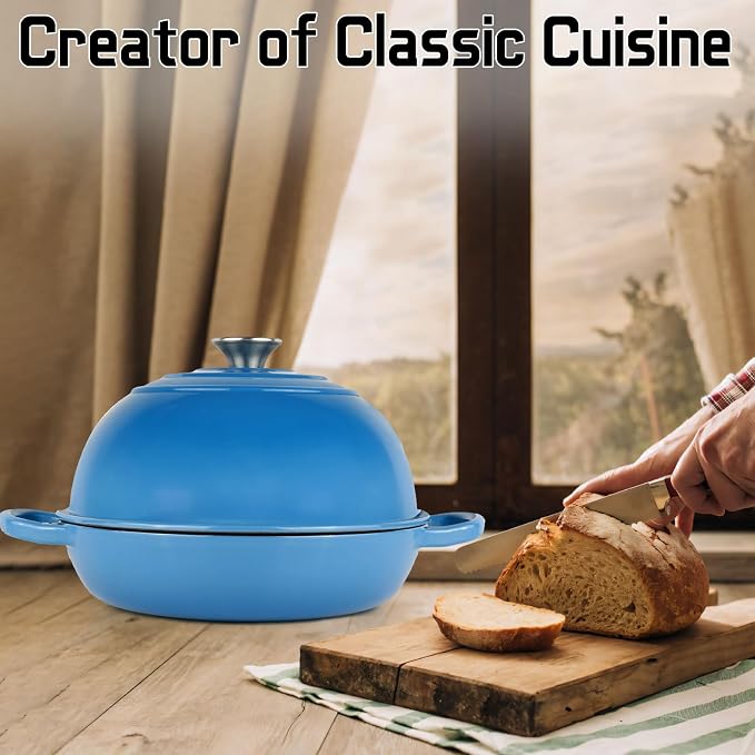 Enameled Cast Iron Bread Oven Dutch Oven Pot with Lid Blue | Bread Dutch Oven for Sourdough Bread Baking, 6 Quarts 10" Bread Pan with Dome Lid, Non-stick Cookware for Homemade Bread