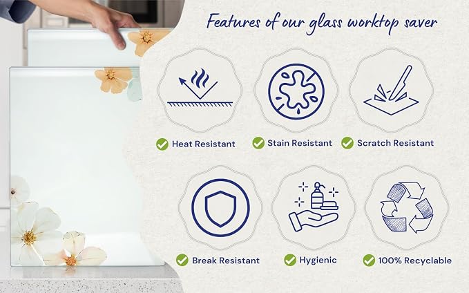 Glass Cutting Board 20”x16”: Tempered Glass Kitchen Counter Protector - Durable- Scratch-Resistant, Heat-Proof - Design 5 - Floral Design